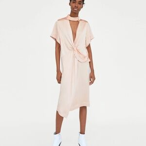 Zara Nude Knotted Satin Midi Dress Size Small